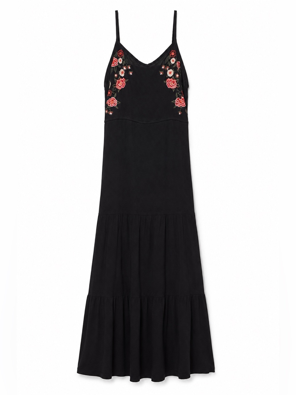 Black Embroidered Floral Maxi Dress Spaghetti Strap Boho Tiered Women’s Size L - Picture 2 of 5